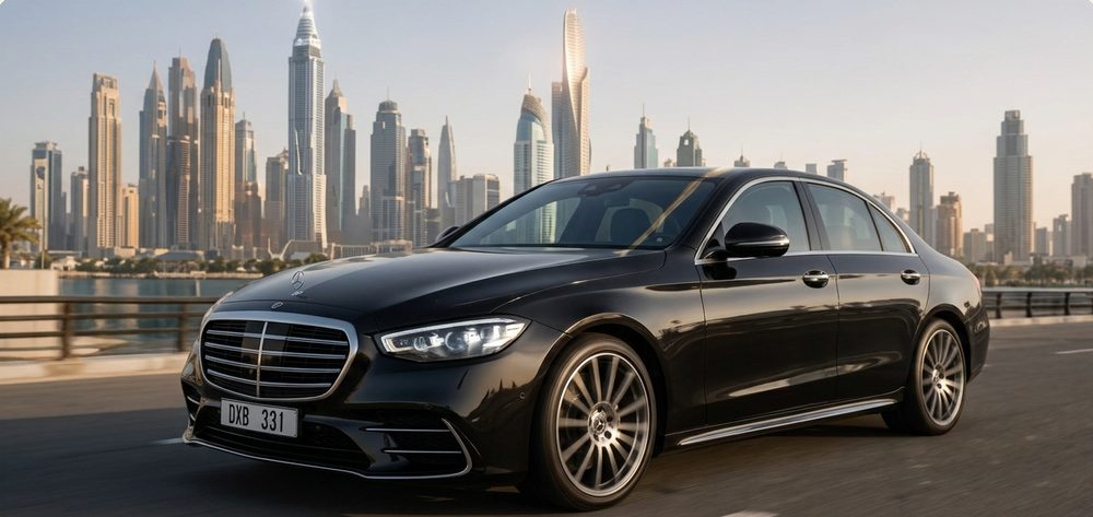 Chauffeur-driven sedan along Dubai Marina