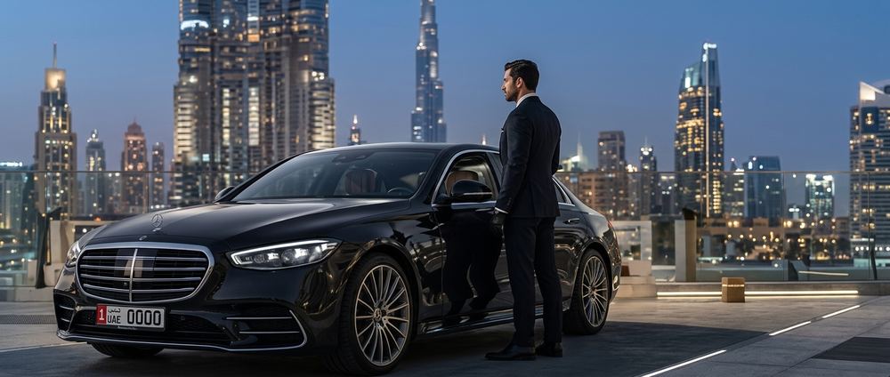 Chauffeur standing beside a black sedan on a Dubai rooftop at night