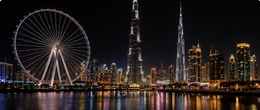 Dubai Eye and Burj Khalifa skyline at night